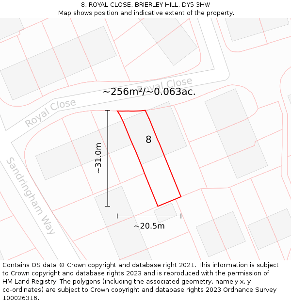 8, ROYAL CLOSE, BRIERLEY HILL, DY5 3HW: Plot and title map