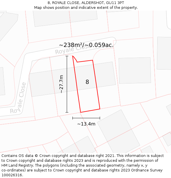 8, ROYALE CLOSE, ALDERSHOT, GU11 3PT: Plot and title map