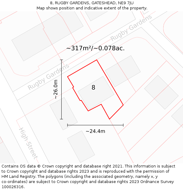 8, RUGBY GARDENS, GATESHEAD, NE9 7JU: Plot and title map