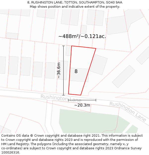 8, RUSHINGTON LANE, TOTTON, SOUTHAMPTON, SO40 9AA: Plot and title map