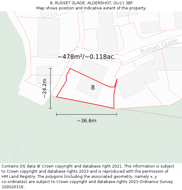 8, RUSSET GLADE, ALDERSHOT, GU11 3BF: Plot and title map