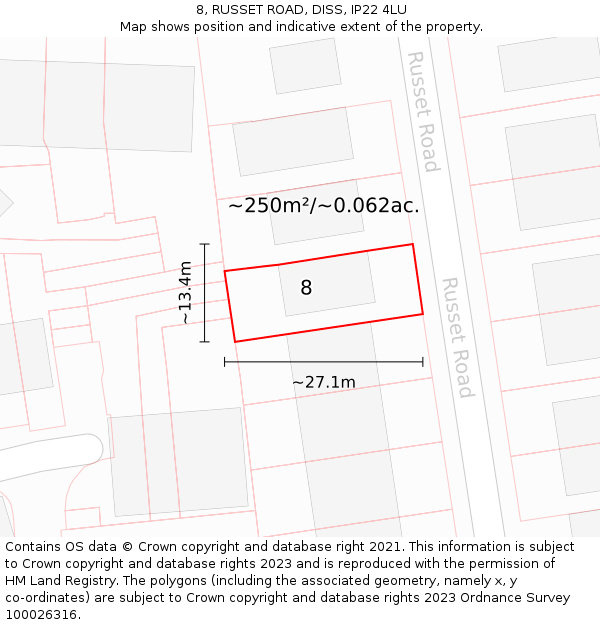 8, RUSSET ROAD, DISS, IP22 4LU: Plot and title map