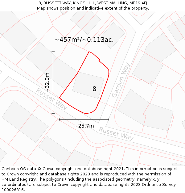 8, RUSSETT WAY, KINGS HILL, WEST MALLING, ME19 4FJ: Plot and title map