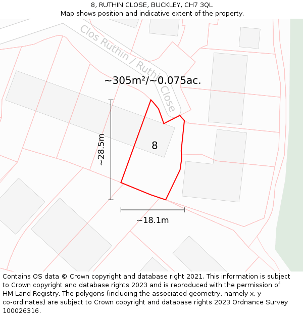 8, RUTHIN CLOSE, BUCKLEY, CH7 3QL: Plot and title map