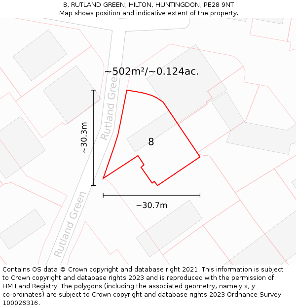 8, RUTLAND GREEN, HILTON, HUNTINGDON, PE28 9NT: Plot and title map