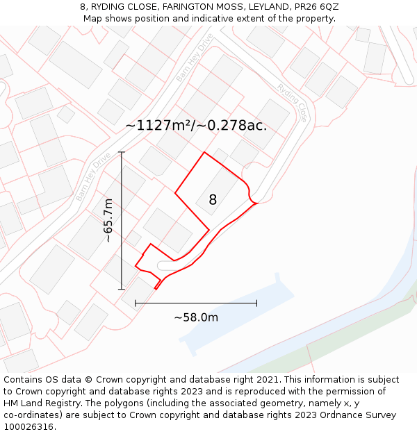 8, RYDING CLOSE, FARINGTON MOSS, LEYLAND, PR26 6QZ: Plot and title map