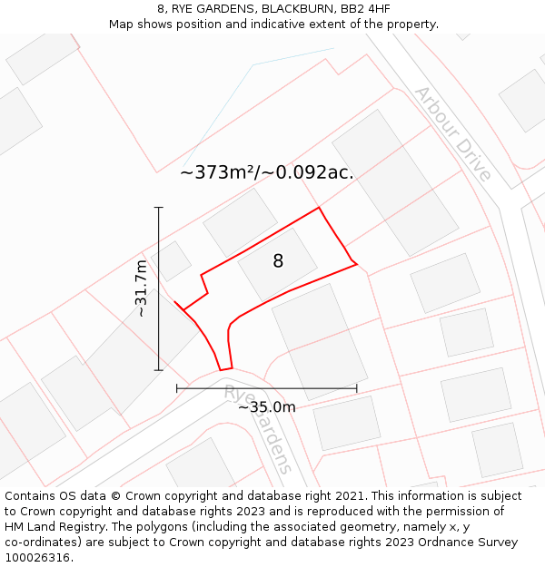 8, RYE GARDENS, BLACKBURN, BB2 4HF: Plot and title map