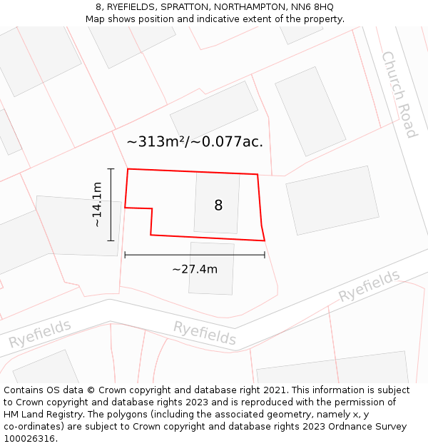 8, RYEFIELDS, SPRATTON, NORTHAMPTON, NN6 8HQ: Plot and title map