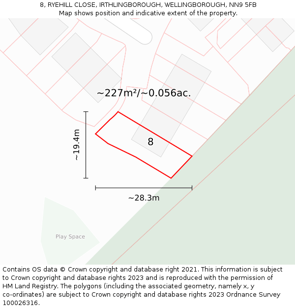 8, RYEHILL CLOSE, IRTHLINGBOROUGH, WELLINGBOROUGH, NN9 5FB: Plot and title map