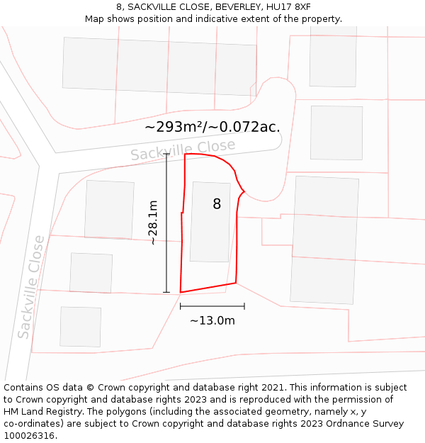 8, SACKVILLE CLOSE, BEVERLEY, HU17 8XF: Plot and title map