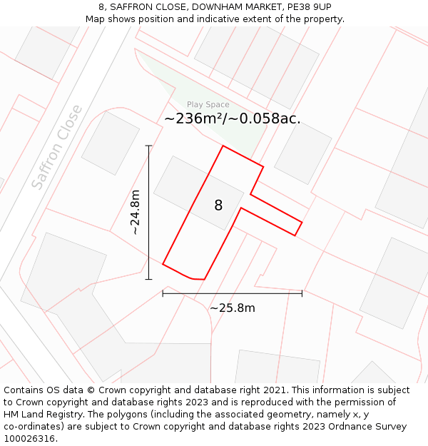 8, SAFFRON CLOSE, DOWNHAM MARKET, PE38 9UP: Plot and title map