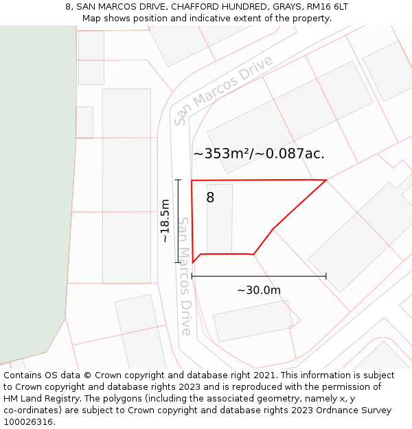 8, SAN MARCOS DRIVE, CHAFFORD HUNDRED, GRAYS, RM16 6LT: Plot and title map