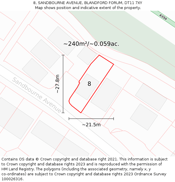 8, SANDBOURNE AVENUE, BLANDFORD FORUM, DT11 7XY: Plot and title map
