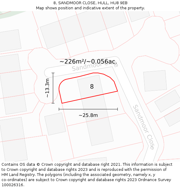 8, SANDMOOR CLOSE, HULL, HU8 9EB: Plot and title map