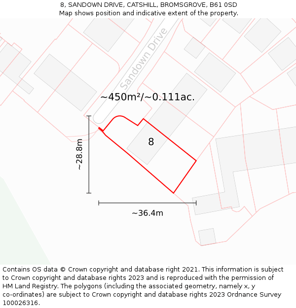 8, SANDOWN DRIVE, CATSHILL, BROMSGROVE, B61 0SD: Plot and title map