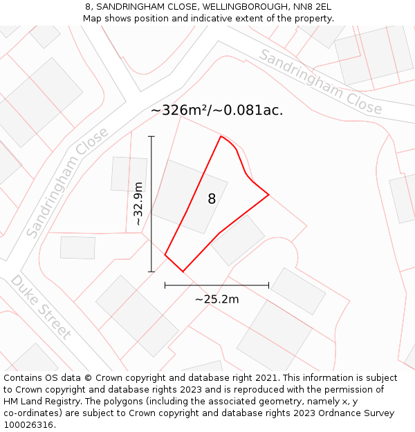 8, SANDRINGHAM CLOSE, WELLINGBOROUGH, NN8 2EL: Plot and title map