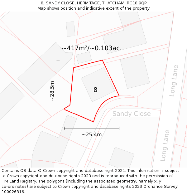 8, SANDY CLOSE, HERMITAGE, THATCHAM, RG18 9QP: Plot and title map