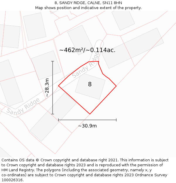 8, SANDY RIDGE, CALNE, SN11 8HN: Plot and title map