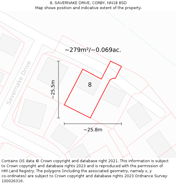 8, SAVERNAKE DRIVE, CORBY, NN18 8SD: Plot and title map