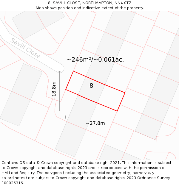 8, SAVILL CLOSE, NORTHAMPTON, NN4 0TZ: Plot and title map