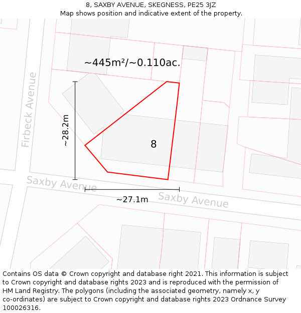 8, SAXBY AVENUE, SKEGNESS, PE25 3JZ: Plot and title map