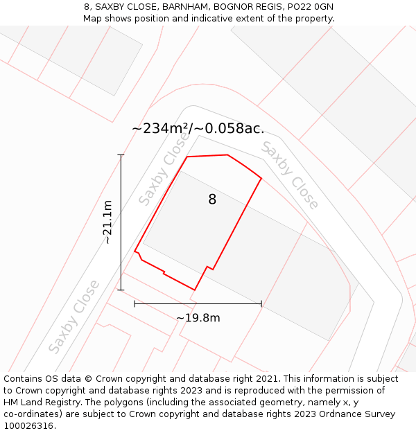 8, SAXBY CLOSE, BARNHAM, BOGNOR REGIS, PO22 0GN: Plot and title map