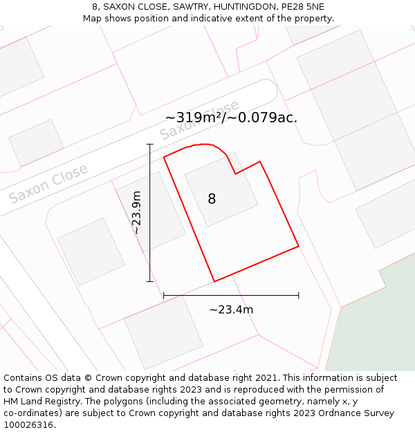 8, SAXON CLOSE, SAWTRY, HUNTINGDON, PE28 5NE: Plot and title map