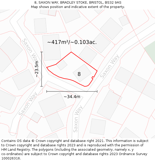 8, SAXON WAY, BRADLEY STOKE, BRISTOL, BS32 9AS: Plot and title map