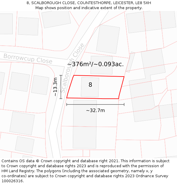 8, SCALBOROUGH CLOSE, COUNTESTHORPE, LEICESTER, LE8 5XH: Plot and title map
