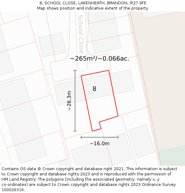 8, SCHOOL CLOSE, LAKENHEATH, BRANDON, IP27 9FE: Plot and title map