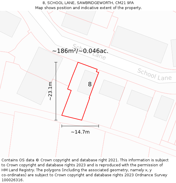 8, SCHOOL LANE, SAWBRIDGEWORTH, CM21 9FA: Plot and title map