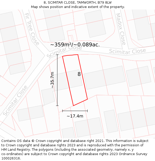 8, SCIMITAR CLOSE, TAMWORTH, B79 8LW: Plot and title map