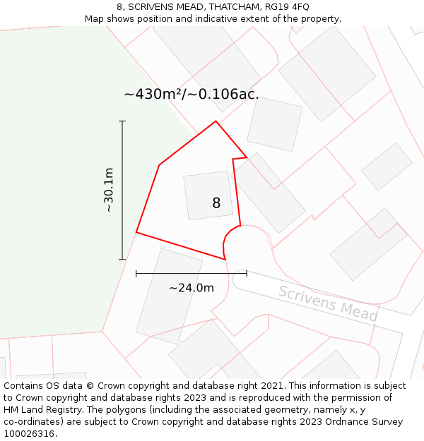 8, SCRIVENS MEAD, THATCHAM, RG19 4FQ: Plot and title map