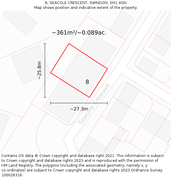 8, SEACOLE CRESCENT, SWINDON, SN1 4GN: Plot and title map