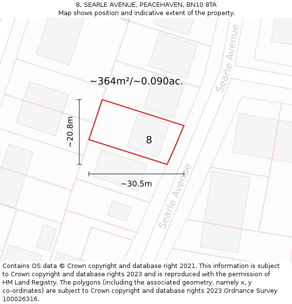 8, SEARLE AVENUE, PEACEHAVEN, BN10 8TA: Plot and title map