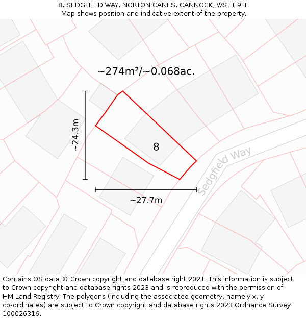 8, SEDGFIELD WAY, NORTON CANES, CANNOCK, WS11 9FE: Plot and title map