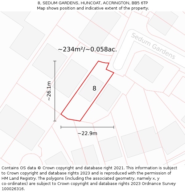 8, SEDUM GARDENS, HUNCOAT, ACCRINGTON, BB5 6TP: Plot and title map