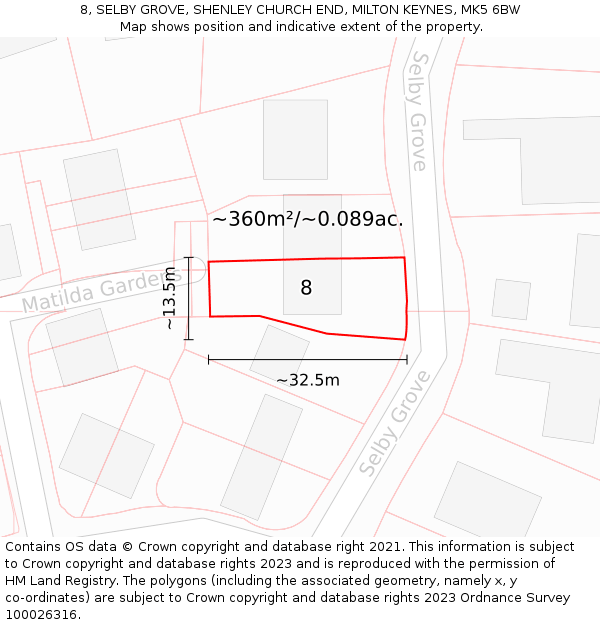 8, SELBY GROVE, SHENLEY CHURCH END, MILTON KEYNES, MK5 6BW: Plot and title map