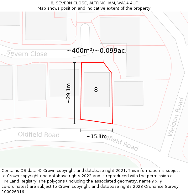 8, SEVERN CLOSE, ALTRINCHAM, WA14 4UF: Plot and title map