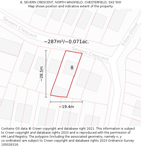 8, SEVERN CRESCENT, NORTH WINGFIELD, CHESTERFIELD, S42 5NY: Plot and title map