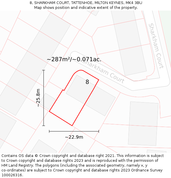 8, SHARKHAM COURT, TATTENHOE, MILTON KEYNES, MK4 3BU: Plot and title map