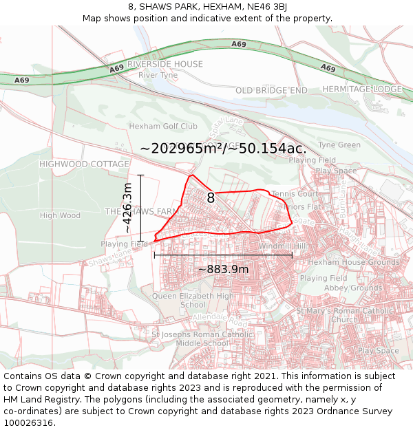 8, SHAWS PARK, HEXHAM, NE46 3BJ: Plot and title map