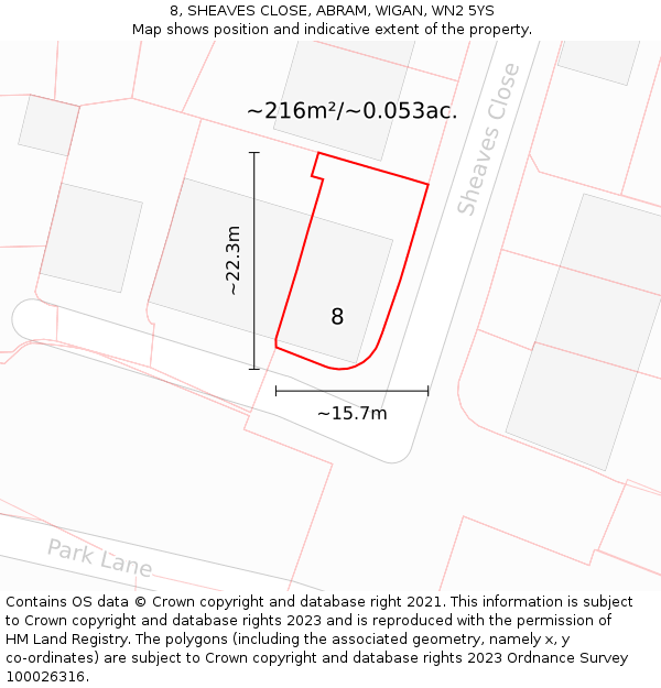 8, SHEAVES CLOSE, ABRAM, WIGAN, WN2 5YS: Plot and title map