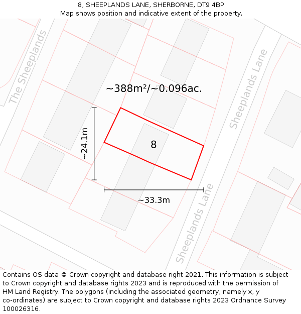 8, SHEEPLANDS LANE, SHERBORNE, DT9 4BP: Plot and title map