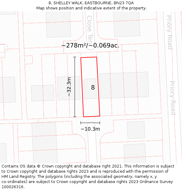 8, SHELLEY WALK, EASTBOURNE, BN23 7QA: Plot and title map