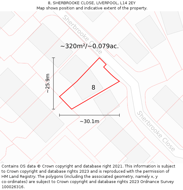 8, SHERBROOKE CLOSE, LIVERPOOL, L14 2EY: Plot and title map