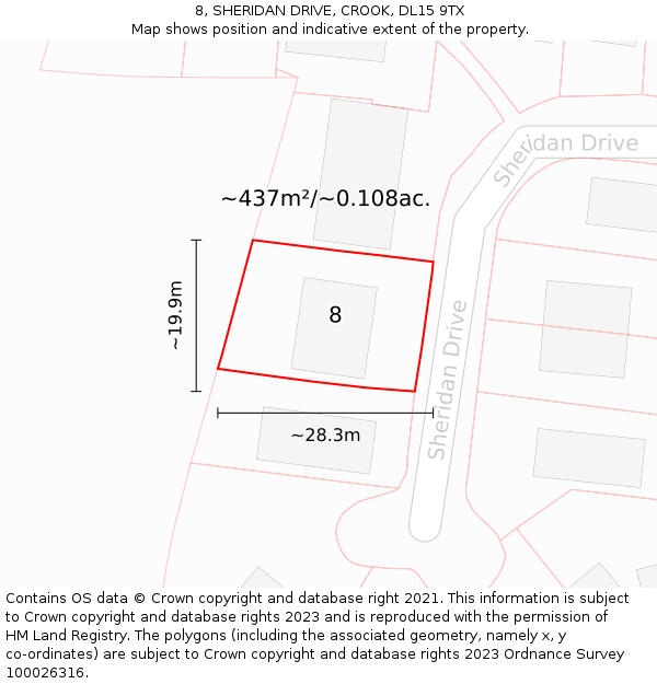 8, SHERIDAN DRIVE, CROOK, DL15 9TX: Plot and title map