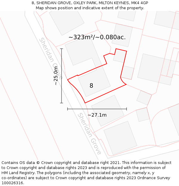 8, SHERIDAN GROVE, OXLEY PARK, MILTON KEYNES, MK4 4GP: Plot and title map