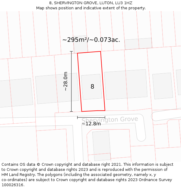 8, SHERVINGTON GROVE, LUTON, LU3 1HZ: Plot and title map