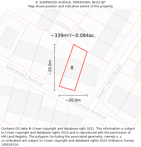 8, SHERWOOD AVENUE, FERNDOWN, BH22 8JT: Plot and title map